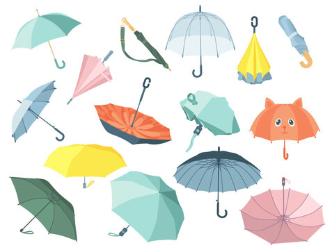 Closed and open colorful umbrellas vector illustrations set. Collection of cartoon drawings of cute parasols for autumn, summer or sunshade on white background. Weather, accessories, climate concept