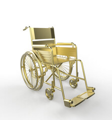 Fototapeta na wymiar Glossy shiny golden metal wheelchair isolated on light background 3d rendering on transparent background