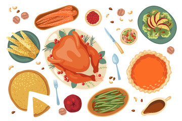 Different food for Thanksgiving dinner vector illustrations set. Top view of plates with different meals, baked turkey, pies, corn isolated on white background. Thanksgiving, holidays, food concept