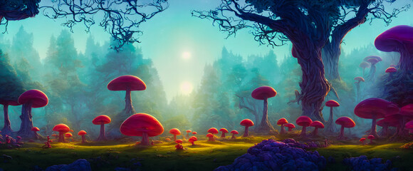 Fototapeta na wymiar Artistic concept painting of a fabulous mystical mushrooms, background illustration.
