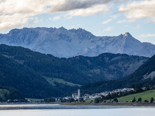  Landscape of lake Reschensee in South Tyrol, Italy
