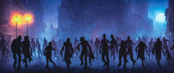 Fototapeta na wymiar Artistic concept painting of a zombies on street, background illustration.