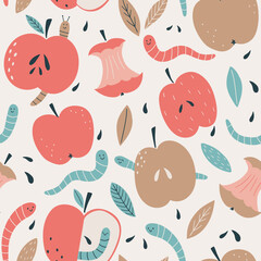 Seamless pattern with worms and apples. Summer cute colorful background in cartoon style. Hand drawn design for textiles, clothing, bed linen, office supplies.