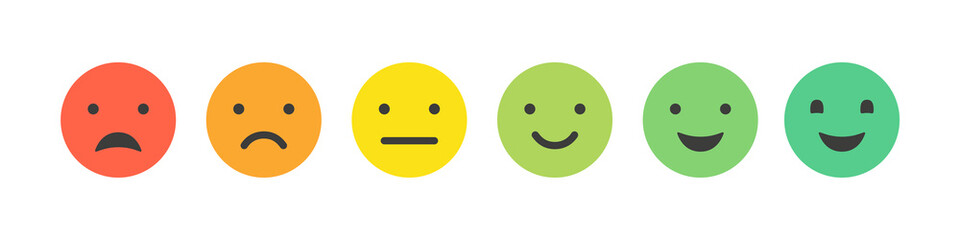 Face feedback. Satisfaction level vector icon. Happy sad good bad customer emotion. Color faces we want your feedback.