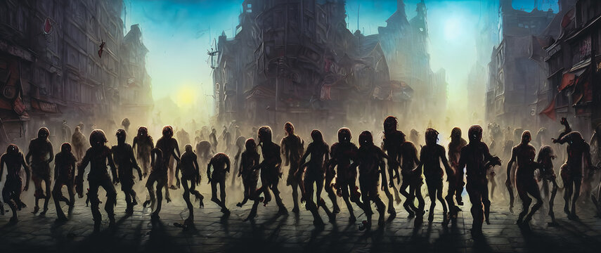 Artistic concept painting of a zombies on street, background illustration.