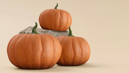 3d rendering halloween concept. Three Pumpkins on a Cream colored background. Autumn themed Banner with copy-space. Halloween or autumn banner advertising. 3d render