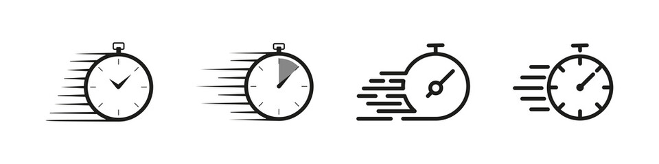 Fast clock icon. Express delivery time. Isolated quick watch vector sign on white background. Speed clock for fast delivery symbol.