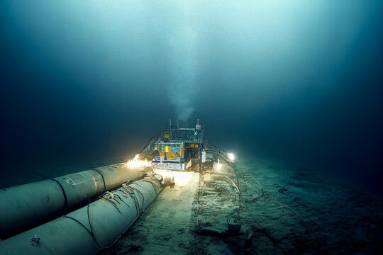 Underwater robot repairing Russian gas pipelines under the sea and plugging leaks, digital image