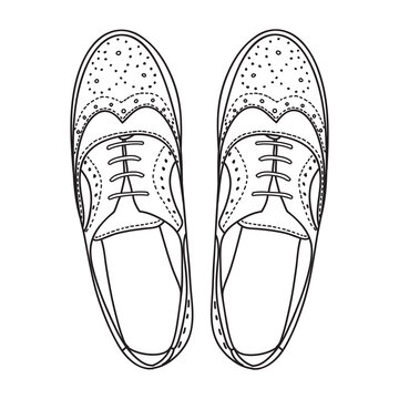 Vector hand drawing illustration with unisex brogue fashion shoes, top view. Doodle illustration