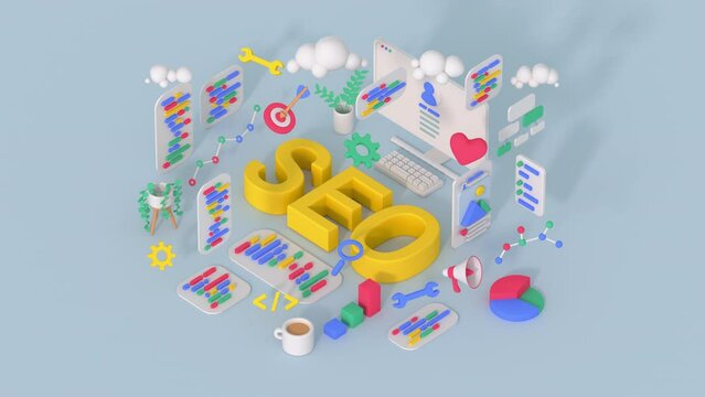SEO optimization marketing design. Minimal cartoon style 3D render animation