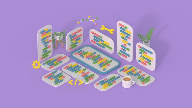 Mobile application development and coding concept. Isometric 3D render animation