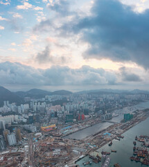 Naklejka premium Epic aerial panorama of downtown near Kai Tak, Kowloong, Hong Kong, daytime HDR