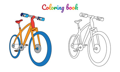 Cartoon bike for boys. Small funny vector cute vehicle with eyes and mouth. Comic character for kids on white background. Coloring page for children, color and linear illustration.