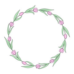Fototapeta na wymiar Cute pink tulips floral wreath. Spring flowers round frame, isolated on white background