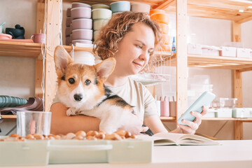 Smiling concentrated businesswoman looking at smartphone, holding cute calm dog corgi in workshop. Set of silicone baby dishes near wall on shelf. Home office, taking orders in comfortable atmosphere