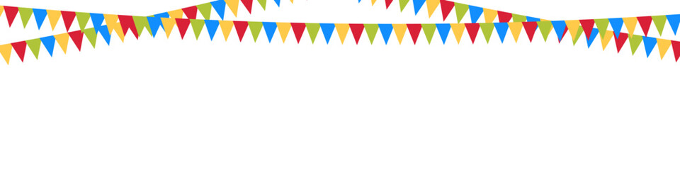 Fototapeta na wymiar Party flags. Colorful garland. Happy birthday background. Carnival isolated banner. Hanging party flags line on white background.