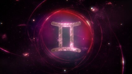 Gemini zodiac sign as golden ornament and rings on purple violet galaxy background. 3D Illustration concept of mystic astrology symbol, social media horoscope calendar banner artwork and copy space.