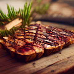 A image of a grilled beaf on a wooden board