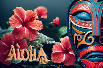 Hawaiian wooden masks, background with hibiscus. Hawaii tourism concept Aloha. 
