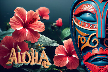 Hawaiian wooden masks, background with hibiscus. Hawaii tourism concept Aloha.  © Art N More