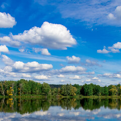 Mirror reflection of the autumn forest in the river water. Autumn landscape