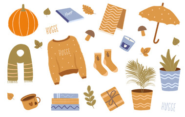Autumn set of cute and cozy design elements. Set of fall leaves, pumpkin, sweater, socks, books and tea cup. Colored flat vector illustration collection isolated on white background