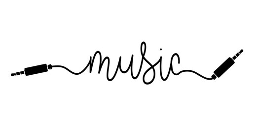 Cartoon audio jack plug, 35 mm. Stereo audio cable, jack connector. Vector music sound note. Audio element or tools. Plug wire logo or symbol. Wave line pattern.