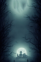 Full moon shines over a creepy haunted house. 