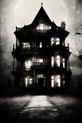 Obraz premium Full moon shines over a creepy haunted house. 