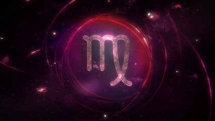 Virgo zodiac sign as golden ornament and rings on purple violet galaxy background. 3D Illustration concept of mystic astrology symbol, social media horoscope calendar banner artwork and copy space.