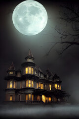 Fototapeta premium Full moon shines over a creepy haunted house. 