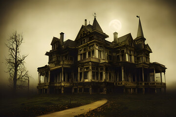 Fototapeta premium Full moon shines over a creepy haunted house. 