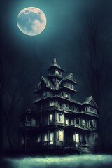 Full moon shines over a creepy haunted house. 