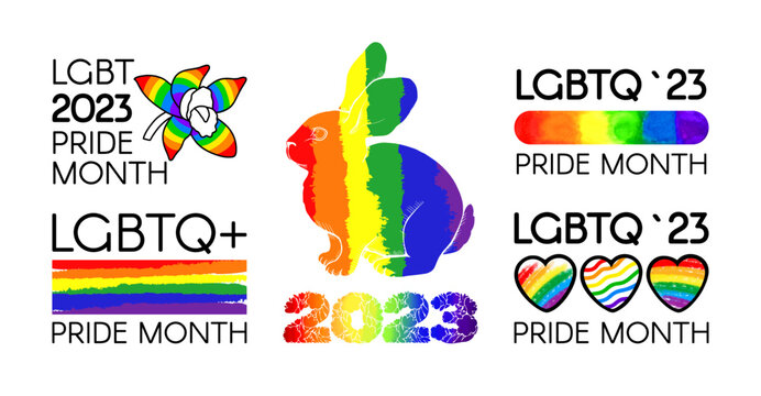 Big set of LGBT Pride Month 2023. Year of the rabbit. Rainbow flag, logos, symbols and stickers. Human rights and tolerance. Vector illustration isolated on white background..LGBTQ community.
