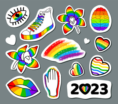 Big set of lgbt stickers. Colorful design of elements and symbols. Hand drawn illustration for pride month. Flowers, rainbow-colored brain, eyes, sneakers, hearts.