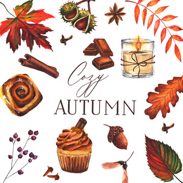 Cozy autumn watercolor clipart. Foliage, plants, food, berries and candle fall attributes illustration.
