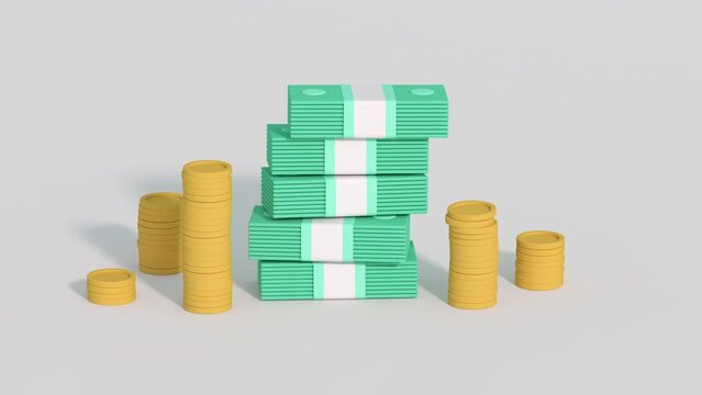 Stacks of banknotes and coins. Money saving or financial success concept. Minimal cartoon style 3D render animation