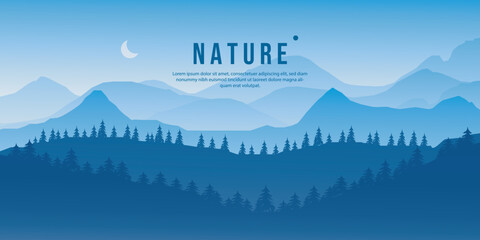 Vector mountain in flat style and trees in blue for background and wallpaper