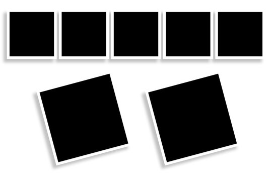 7 Square photo frames in black & white color & a  creative layout. Used as a printable photo collage template or a mock up for album pictures or photographs collection in a classic old style.
