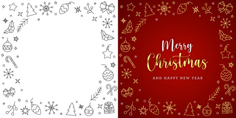 Christmas greetings card with golden decorative icons - red and transparent alpha background - vector illustration
