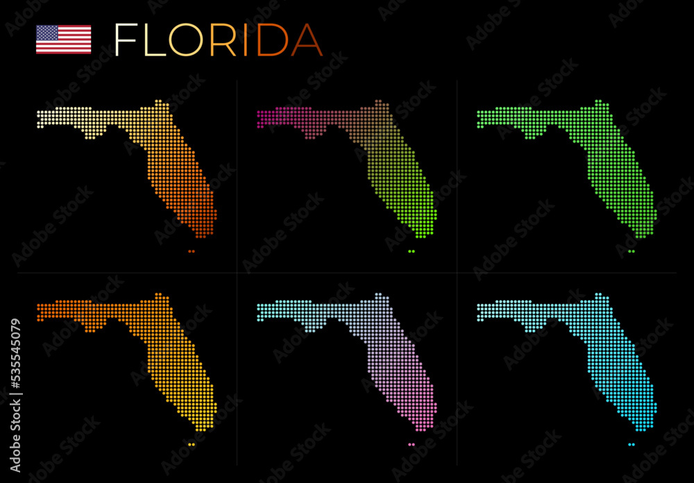 Poster florida dotted map set. map of florida in dotted style. borders of the us state filled with beautifu