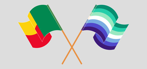 Crossed and waving flags of Benin and gay men pride