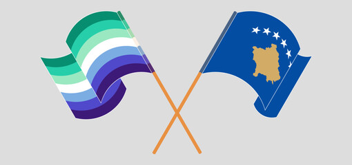 Crossed and waving flags of gay men pride and Kosovo