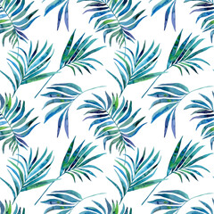 Fototapeta na wymiar Watercolor tropical palm leaves illustration seamless pattern. On white background. Hand-painted. Floral elements, palm leaves.