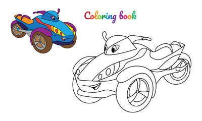 Cartoon tricycle for boys. Small funny vector cute vehicle with eyes and mouth. Comic character for kids on white background. Coloring page for children, color and linear illustration.