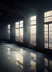 Abandoned factory, ruined and crumbling. 