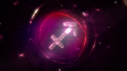 Sagittarius zodiac sign as golden ornament and rings on purple violet galaxy background loop. Animation concept of mystic astrology symbol and social media horoscope calendar artwork with copy space.