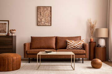 Warm and cozy interior of living room space with brown sofa, pouf, beige carpet, lamp, mock up...