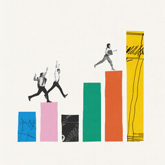 Creative design. Contemporary art collage. Group of people, employees moving upwards on graph....