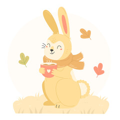 A rabbit with a hot drink in his hands in a flat cartoon style. A bunny in a scarf enjoys cocoa. Vector autumn children's illustration with a bunny.